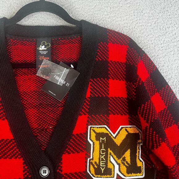 Mickey Mouse Cardigan Sweater Womens Small Red Buffalo Plaid Disney Forever 21 - Picture 6 of 11
